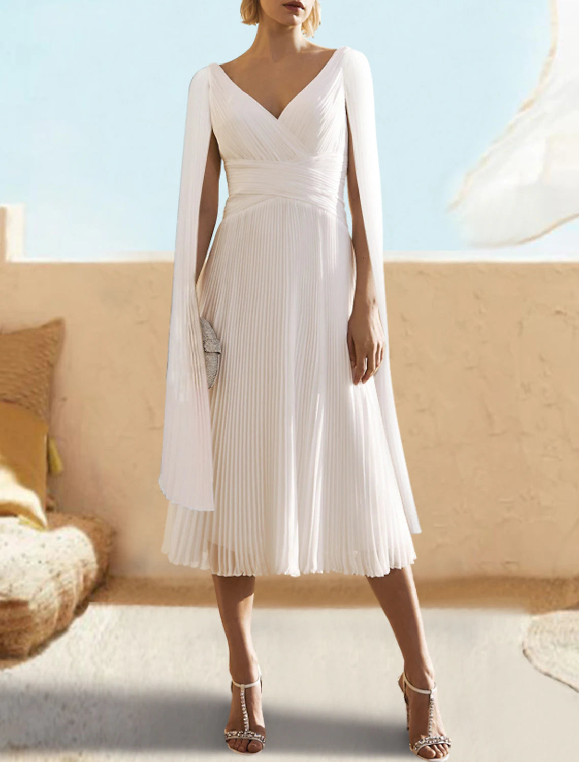 Abiti da cocktail a trapezio, eleganti, semi formali, lunghezza tè, maniche corte, scollo a V, in chiffon con scialle, per invitati a nozze